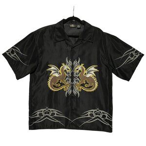 VTG City Impact Shirt Mens XL Dragon Tribal Tattoo Blk Gothic Y2K Button Up 90's